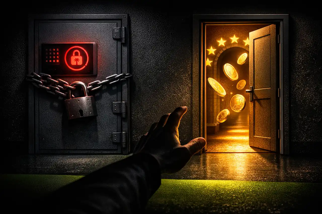 Editorial 3D Rendering zweier symbolischer Türen, links geschlossen mit OASIS-Schloss rot beleuchtet, rechts offen mit EU-Sternenbogen und Euro-Münzen im warmen Licht, Illustration Casino ohne OASIS