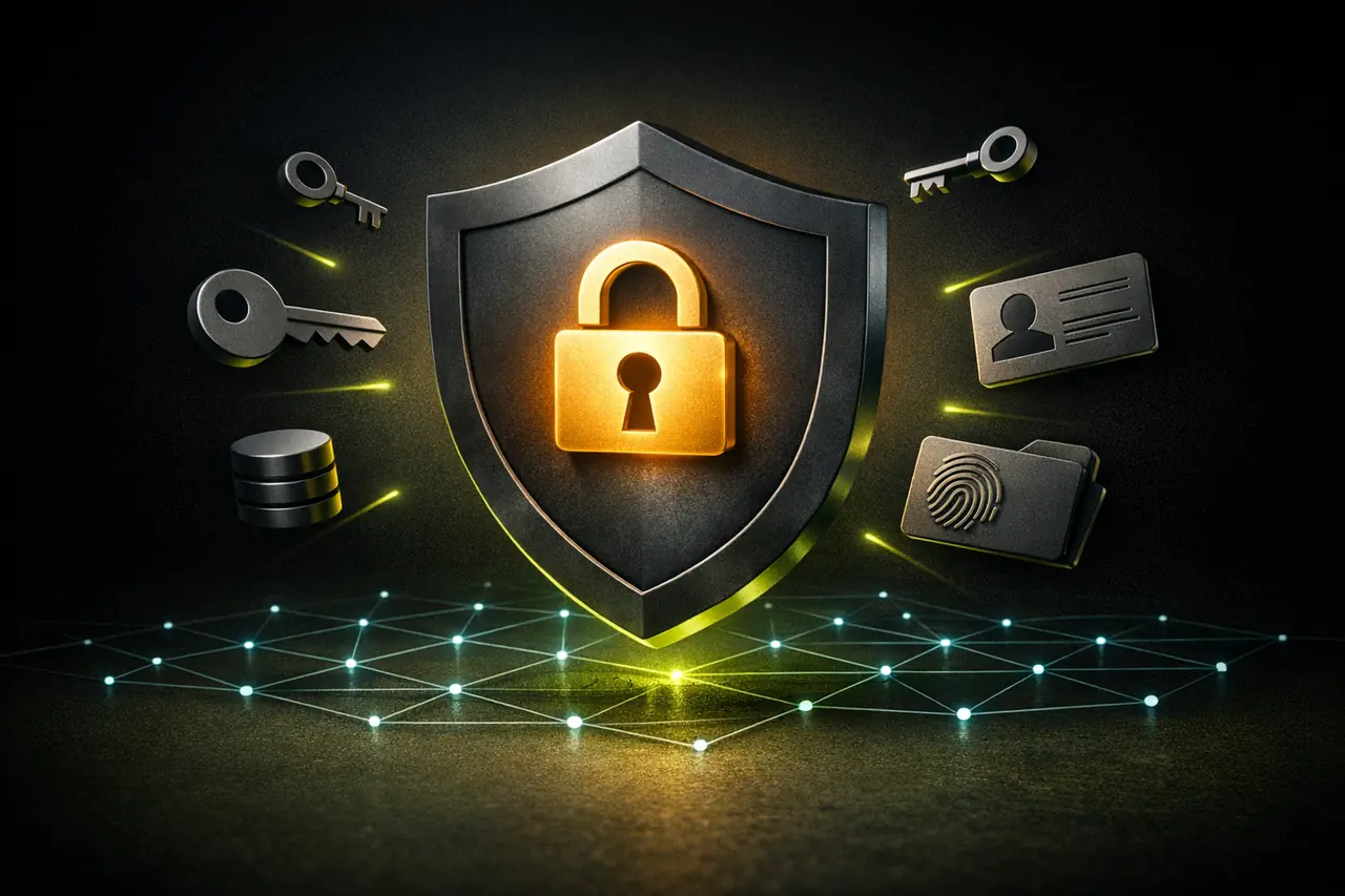 Metallisches Schutzschild mit integriertem Gold-Schloss über abstraktem cyan Daten-Netzwerk, umgeben von Verschlüsselungs-Icons und Personendaten-Karten, Illustration Datenschutz beim Casino ohne Verifizierung