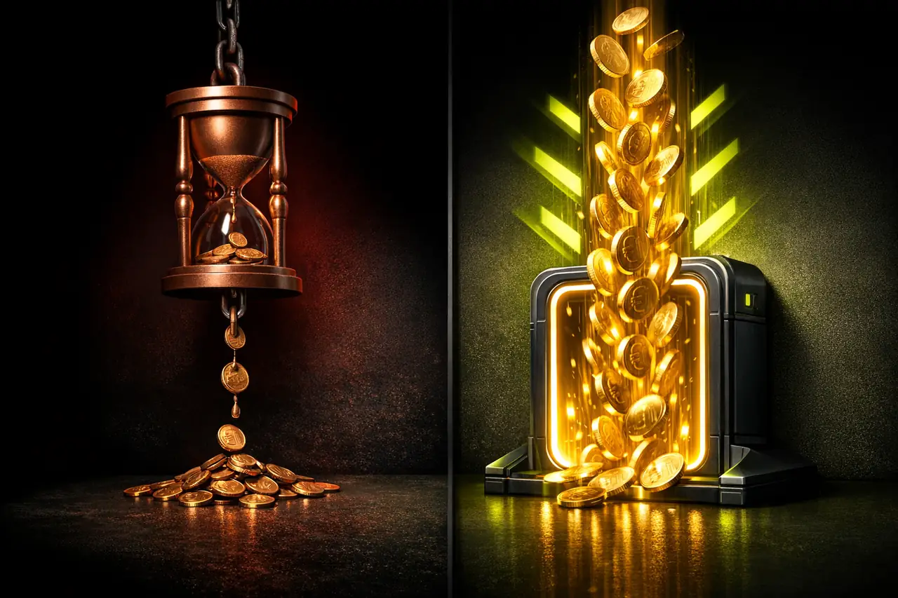 Split-Rendering links matte Kupfer-Sanduhr mit langsam tropfenden Euro-Münzen unter rotem Licht, rechts modernes Digital-Wallet mit rasch aufsteigendem Goldstrom und lime Chevrons, Vergleich Auszahlungsgeschwindigkeit