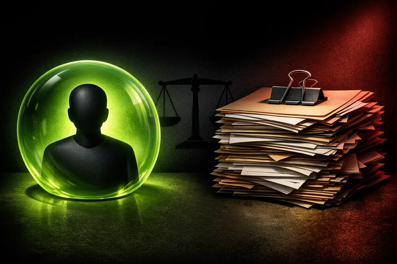 Split-Rendering links anonyme geschützte Avatar-Silhouette in Privatsphären-Sphäre, rechts schwerer Stapel KYC-Dokumentenordner unter rotem Licht, Illustration Anonymität gegen KYC