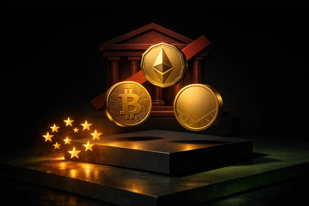 Editorial 3D Rendering von drei metallischen Kryptowährungstoken in Dreiecksanordnung über einer matten schwarzen Plattform, mit blockiertem Bank-Icon in rot und EU-Sternenwolke, Illustration Krypto Casino für deutsche Spieler