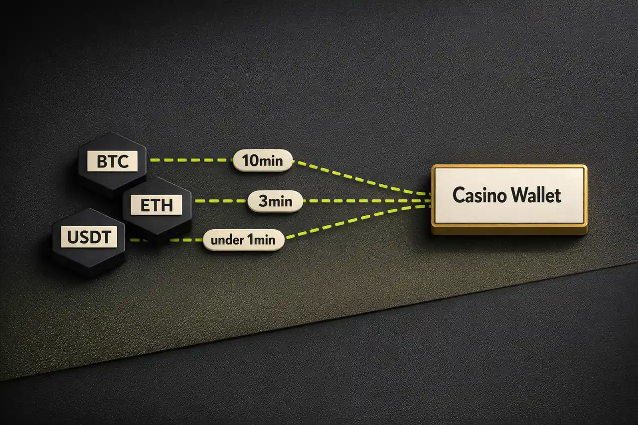 Diagramm der Kryptowährungen Bitcoin Ethereum und USDT als Zahlungsflüsse im Offshore Online Casino