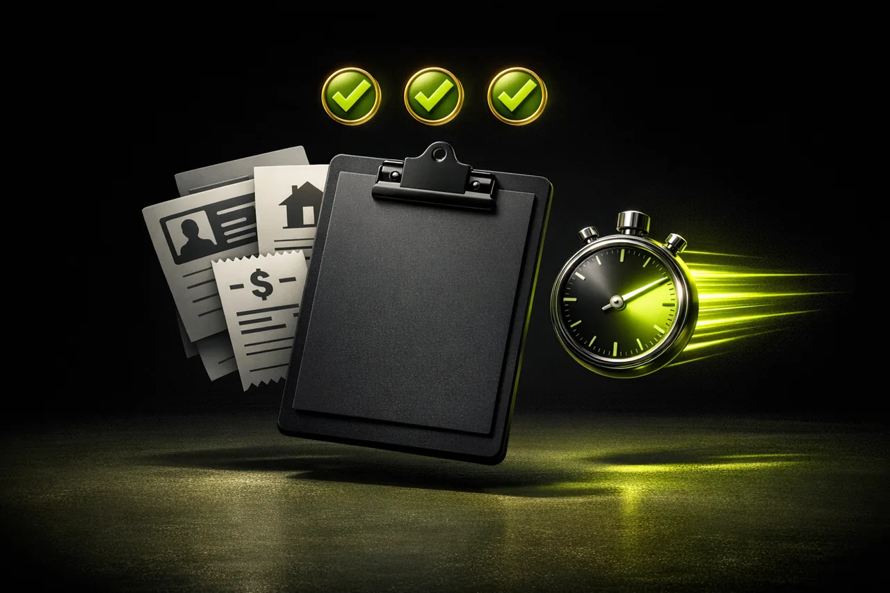 Editorial Rendering eines schwebenden mattschwarzen Klemmbretts mit Dokumenten-Icons Ausweis Adressnachweis und Zahlungsbeleg, drei Gold-Häkchen-Badges und Stoppuhr mit lime Bewegungslinien