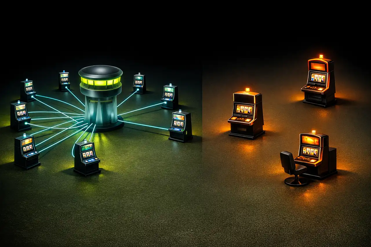 Split-Rendering links zentraler LUGAS-Kontrollturm mit dünnen Cyan-Linien zu Casino-Terminals und rechts isolierten Offshore-Terminals ohne Datenverbindung, Illustration Cross-Provider-Tracking