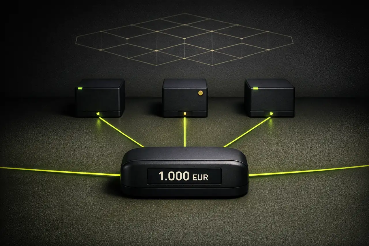 LUGAS Tracker-Diagramm mit drei Casino-Terminals und zentralem Überwachungssystem, Symbol für das 1000-Euro-Monatslimit in deutschen Online-Casinos