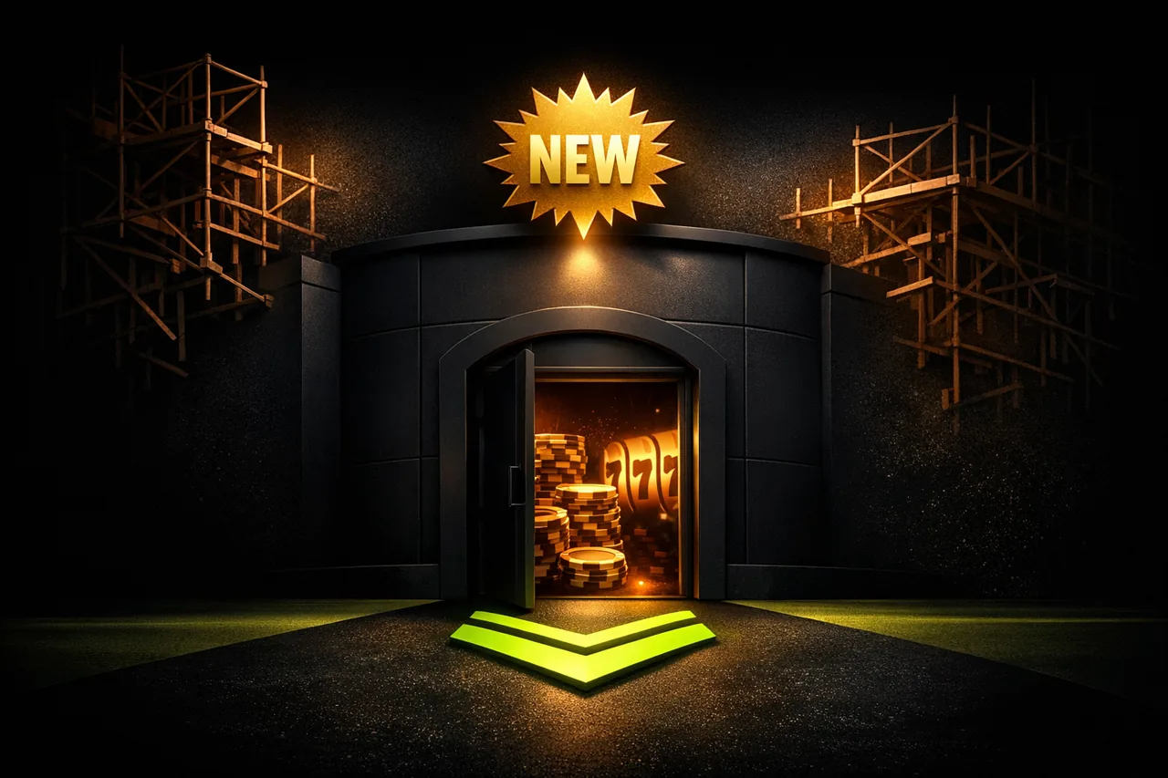 Editorial 3D Rendering einer mattschwarzen Casino-Portal-Fassade mit verschwindenden Gerüstelementen in Kupfer, schwebendem NEW-Badge in warmem Gold und lime Chevron durch offene Tür, Illustration neuer Casino-Launch