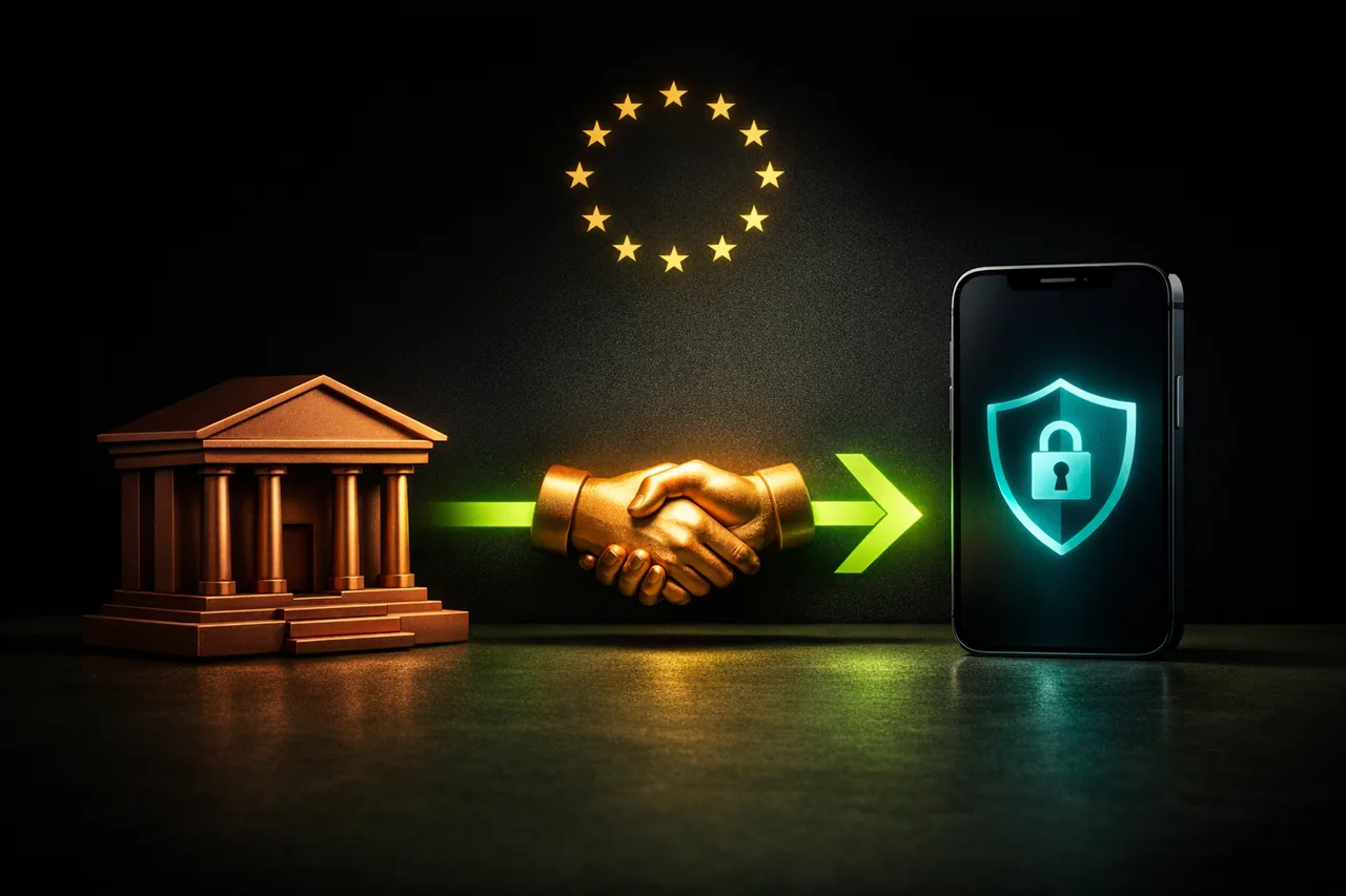 Editorial Rendering eines matten Kupferbank-Icons links verbunden über lime Chevron-Pfeil zu einem Smartphone-Silhouette mit Schild-Icon in Cyan, Handschlag-Motiv in Gold, Illustration Trustly Bank-ID Flow